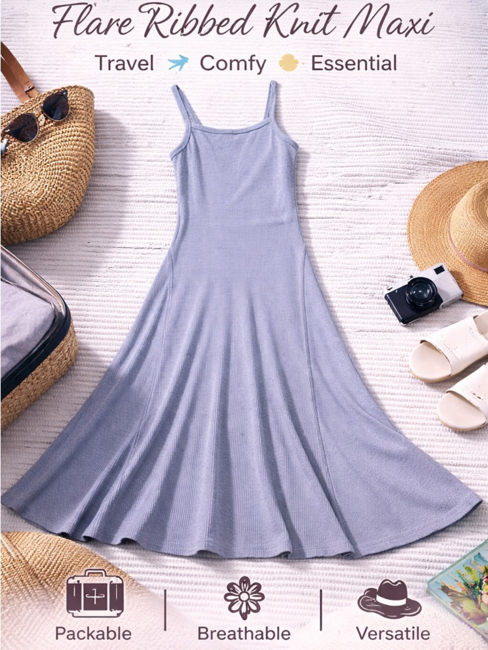 Ribbed Knit Flare Tank Dress Gray Midi Stretch Travel Summer Essential